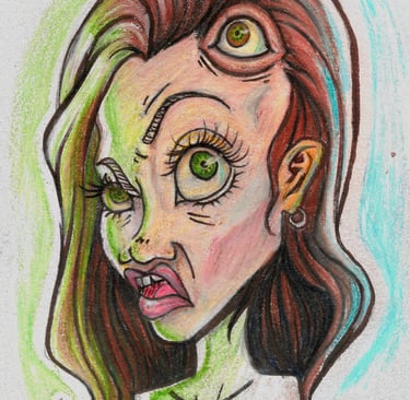 a drawing of a woman with green eyes. Angelina Jolie with a third eye.