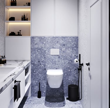 Modern bathroom with wall-mounted toilet, marble sink countertop, blue terrazzo tiles, and built-in lights.