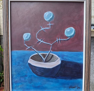 a painting of a vase with blue flowers