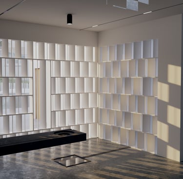 Modern architectural wall installation with geometric shelving and sculptural light play
