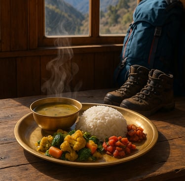 Traditional Nepali dal bhat meal served in a rustic mountain teahouse during a trekking expedition i