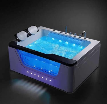 a bathtub with a blue led light and a blue light
