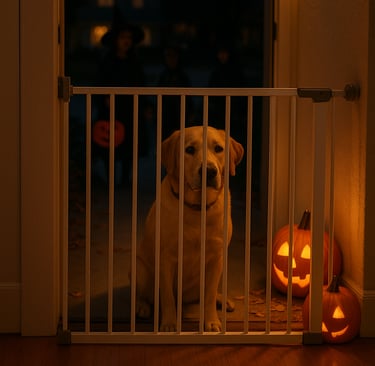 Dog behind gate watching trick-or-treaters outside Burlington home.