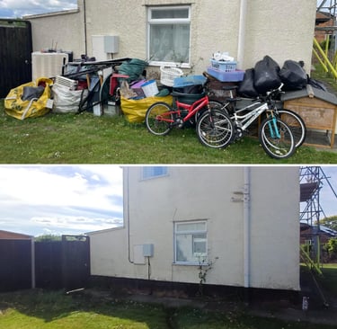 before and after pictures of waste removed from the side of a house in worcester city