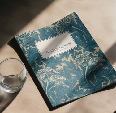 a William Morris pocket book with a glass of water
