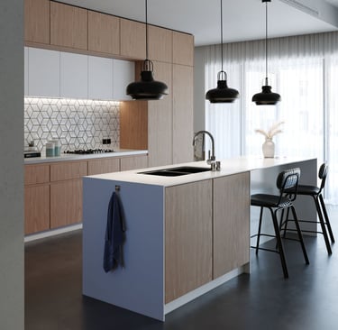 3D rendering of modern kitchen with wooden cabinets, geometric backsplash, island with sink, pendant lights, and bar stools.