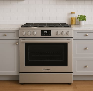 Blomberg gas range installed in a modern kitchen with gray cabinets and white subway tile backsplash