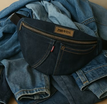 une banane lilyboo fait main en jean recycle sur un tas de jeans bleus