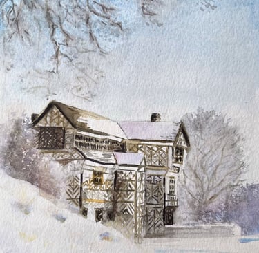 Watercolour snow scene of Mossley Hall