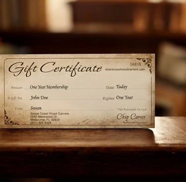 Annual wood carving club membership gift certificate.