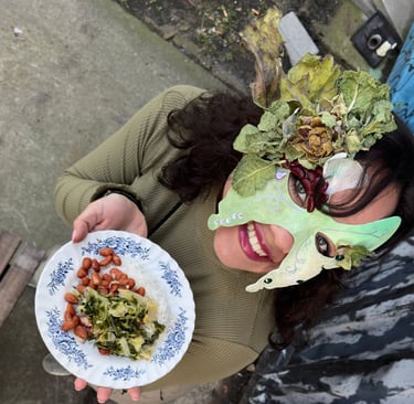 rice beans and kale with mask