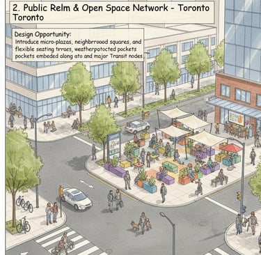 Urban public realm architecture study exploring mobility corridors and civic spaces in Toronto