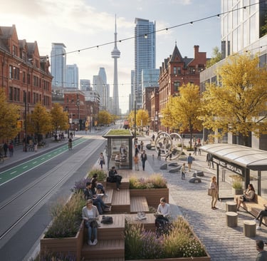 Urban public realm architecture study exploring mobility corridors and civic spaces in Toronto