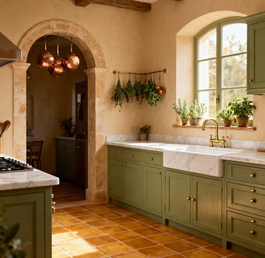 Cocina moderna mediterránea a medida con azulejos, isla en acabado mármol y madera