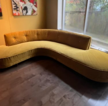 vintage boomerang sofa reupholstered in gold velvet - luxeworths studio