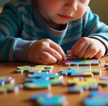 imagem feita por AI de um menino autista brincando com quebra-cabeças coloridos