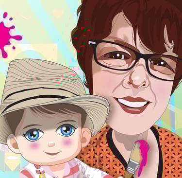 “Stylized portrait of an adult and child smiling with colorful hearts and paint splashes — expressive illustration.”