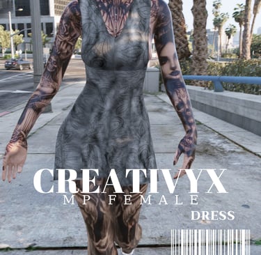 a woman in a dress with tattoos on her arm