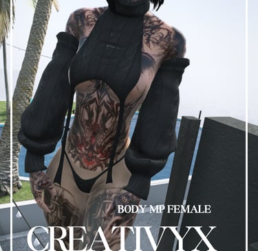 Heavily tattooed woman posing in a sleek black bodysuit