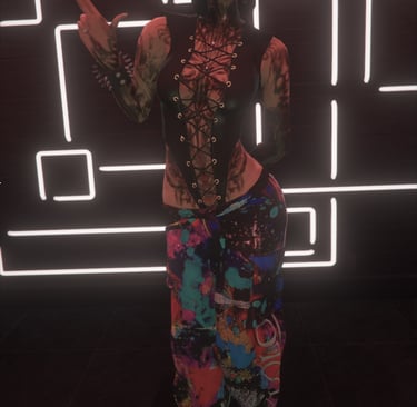 a woman in a colorful outfit standing in front of a neon - lit neon sign