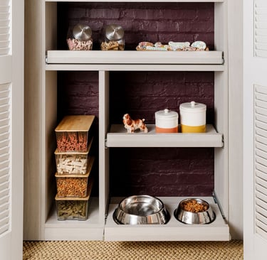 a kitchen with a brick wall and shelves with bowls of food