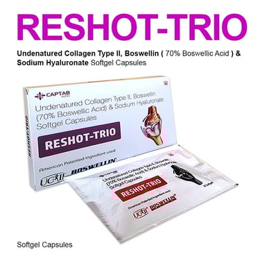 Undenatured Collagen type 2, UC2, Boswelin, Boswellic acid, sodium hyaluronate, Reshot Trio Softgel 