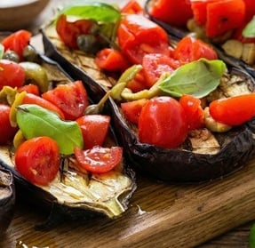Eggplant bruschetta - Mediterranean bruschetta with tomatoes and olives