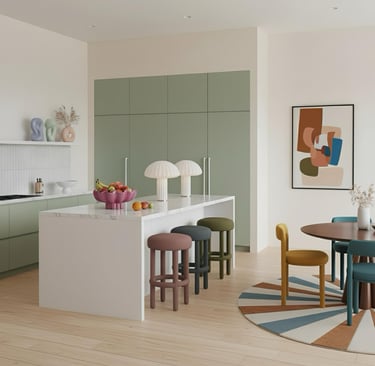 Cocina moderna art déco contemporánea a medida con isla en acabado mármol