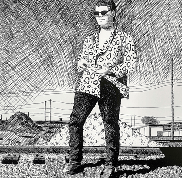 a man in sunglasses and a shirt is standing near train tracks