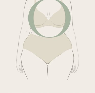 Illustration d’une femme à la morphologie en O, avec des formes généreuses, une poitrine présente