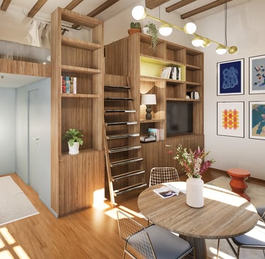 Découvrez le projet Airbnb Lyon, appartement de 27m2 avec une bibliothèque comme coeur du projet