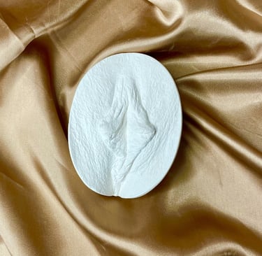 Vulve en plâtre oval sur fond doré