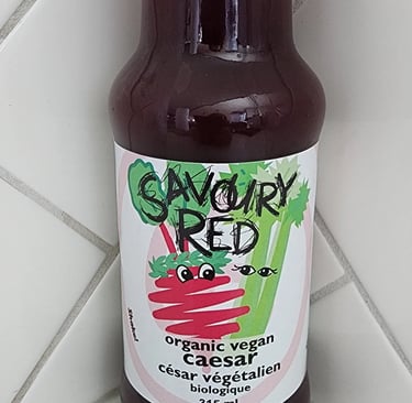 Glass bottle of Savoury Red juice with full colour label