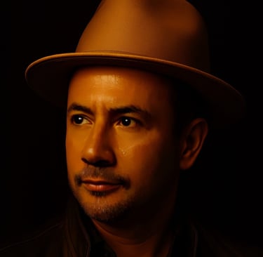 Warm gold-lit portrait of Alp Şahin wearing a hat, representing the human presence behind Aurionism