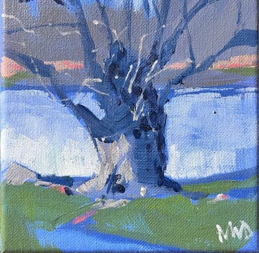a painting of a tree with a tree in the background