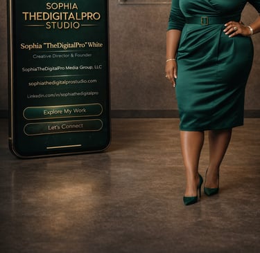a woman in a green dress standing in front of a sign