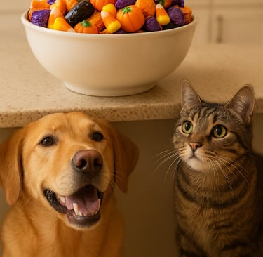 Dog and cat watching candy bowl kept out of reach in Burlington home.