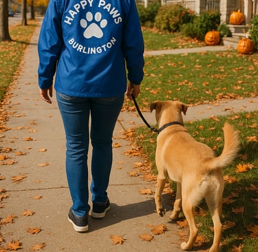 Happy Paws Burlington dog walker on fall walk with pet.