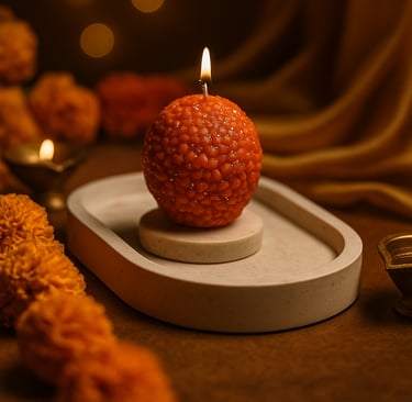 a motichur laddu candle in the middle of a table