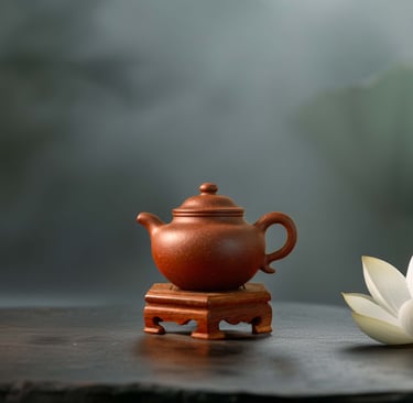 A Yixing teapot is placed on a wooden stand, with a white lotus flower beside it