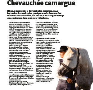 Article sur Céline Legaz, spécialiste de l'équitation camargue