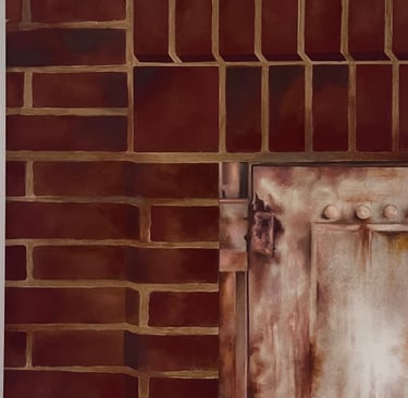 Fausse brique - peinture à l'ocre , Porte rouillée - peinture à l'huile