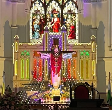 a church with a cross on the altar