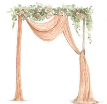 wedding altar with flowers and orange drape curtain