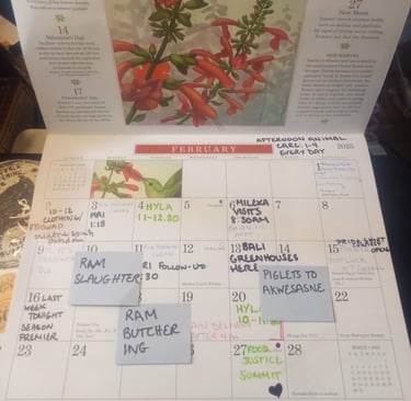 a calendar with notes about projects on the farm and with neighbors