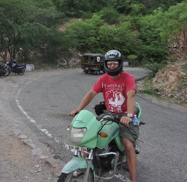 me on a motorcycle in Jaipur, Rajasthan, India