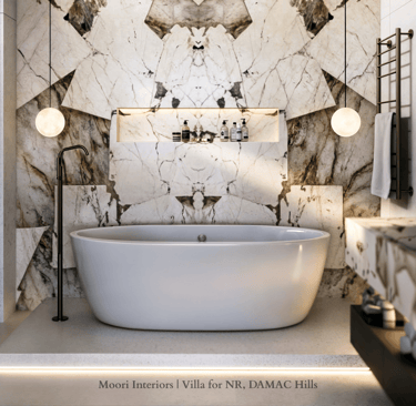 Bathroom with a modern black floor-mounted faucet and pendant lighting above a white tub.
