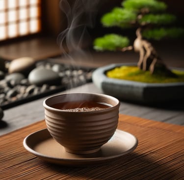 Cup of steaming Hojicha tea with bonsai in background.