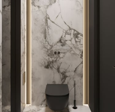 "WC kambarys su dekoratyvine apšviesta kvarco sienele"