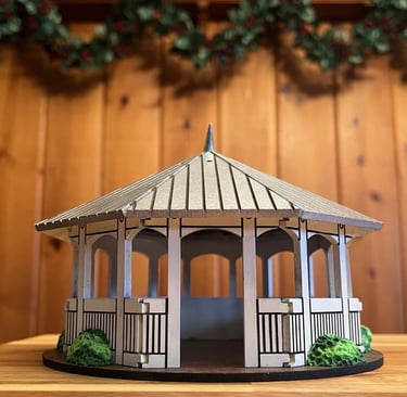 laser cut and painted wooden model of Palmerton Park gazebo